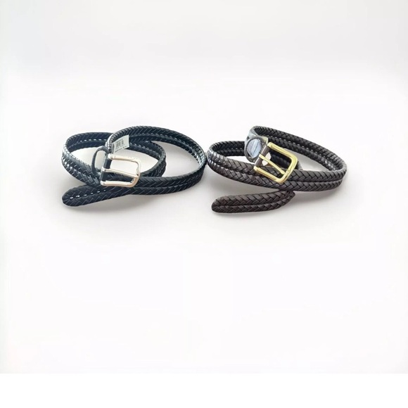 Two Fossil Maddox Black & Brown Braided Bonded Leather Belt Buckle Mens 38